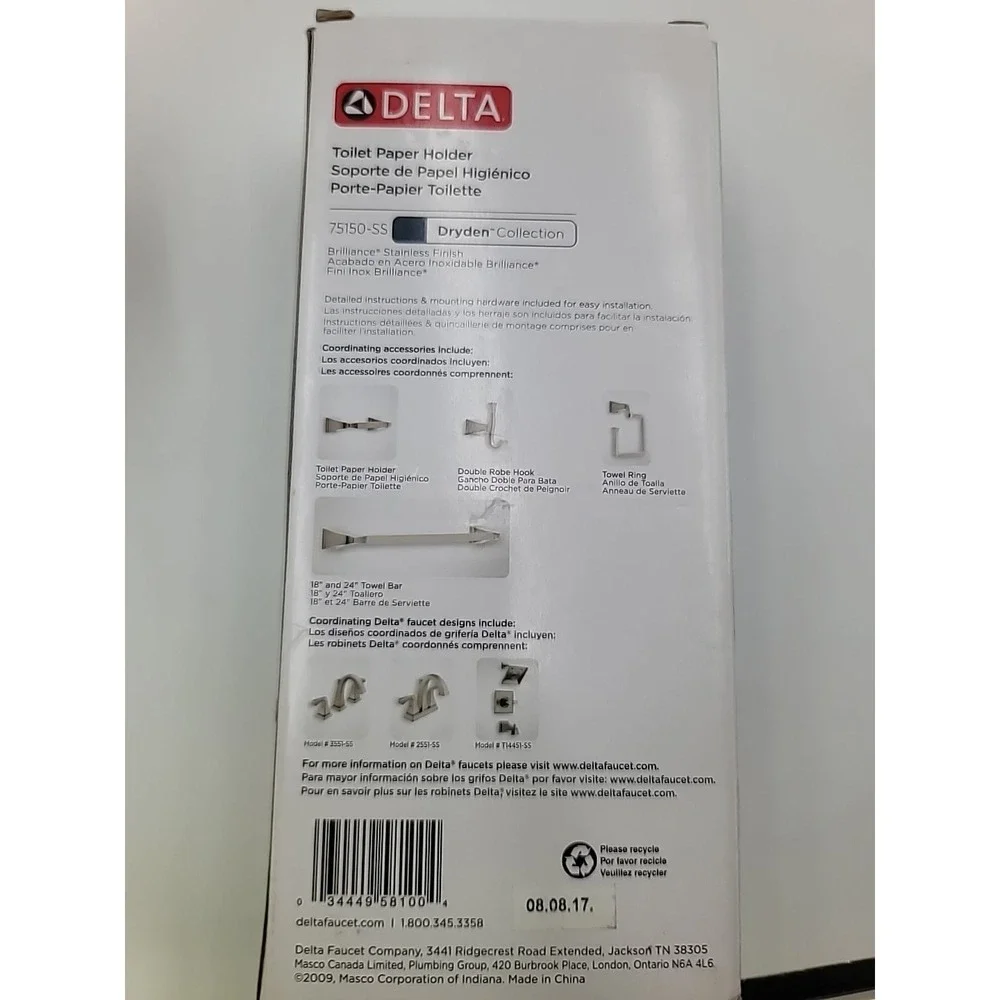 Delta Dryden Toilet Paper Holder Stainless Steel Finish‎ Flip Up Easy Change TP